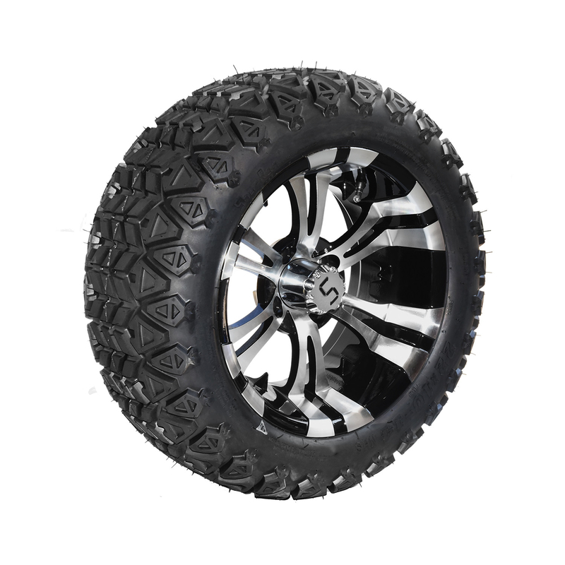 ล้อและยางรถกอล์ฟขนาด 14 นิ้ว สีดำเงา Machined และยาง 22x10-14 All Terrain DOT