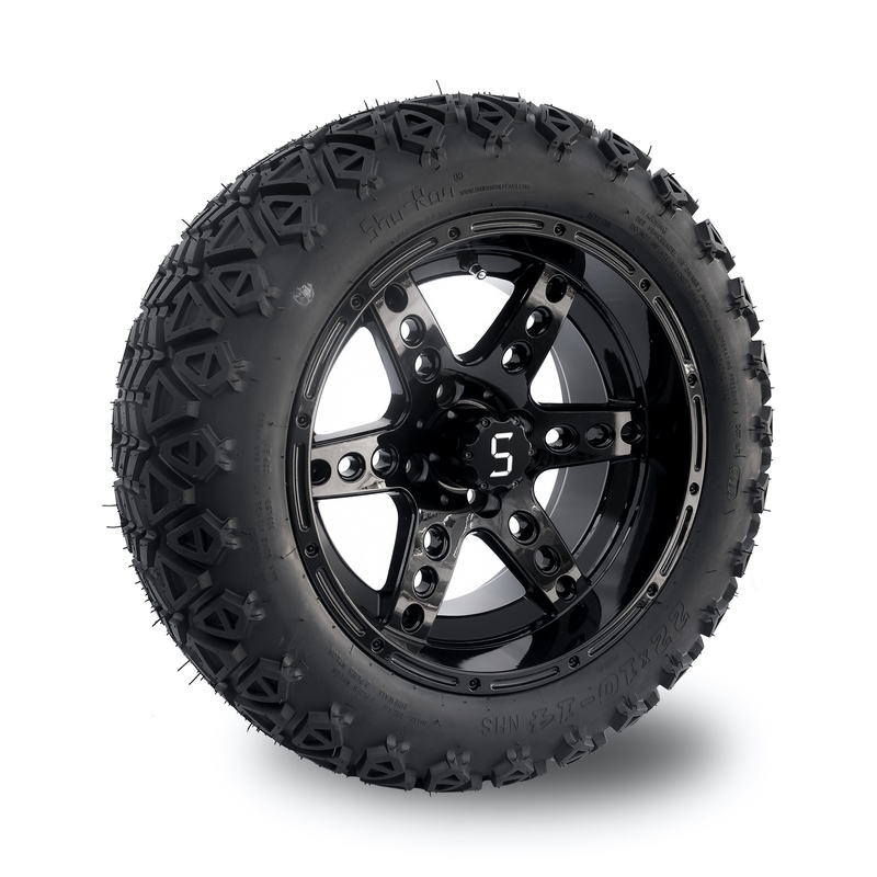 ล้อและยางรถกอล์ฟ DOT ขนาด 14 นิ้ว 22x10-14 สำหรับทุกสภาพพื้นผิว สีดำเงา 6 ก้าน