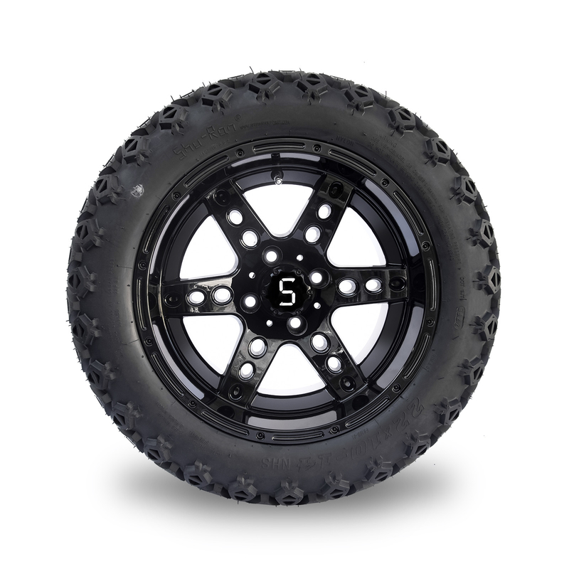 ล้อและยางรถกอล์ฟ DOT ขนาด 14 นิ้ว 22x10-14 สำหรับทุกสภาพพื้นผิว สีดำเงา 6 ก้าน