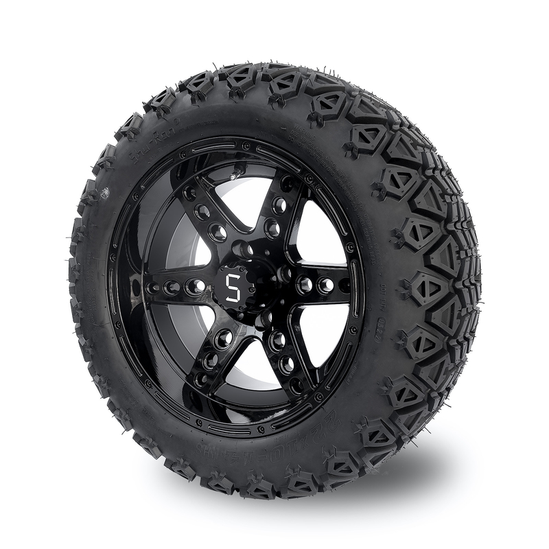 ล้อและยางรถกอล์ฟ DOT ขนาด 14 นิ้ว 22x10-14 สำหรับทุกสภาพพื้นผิว สีดำเงา 6 ก้าน