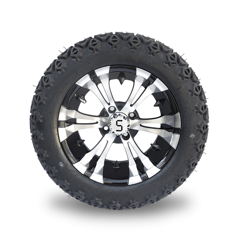 ล้อและยางรถกอล์ฟขนาด 14 นิ้ว สีดำเงา Machined และยาง 22x10-14 All Terrain DOT