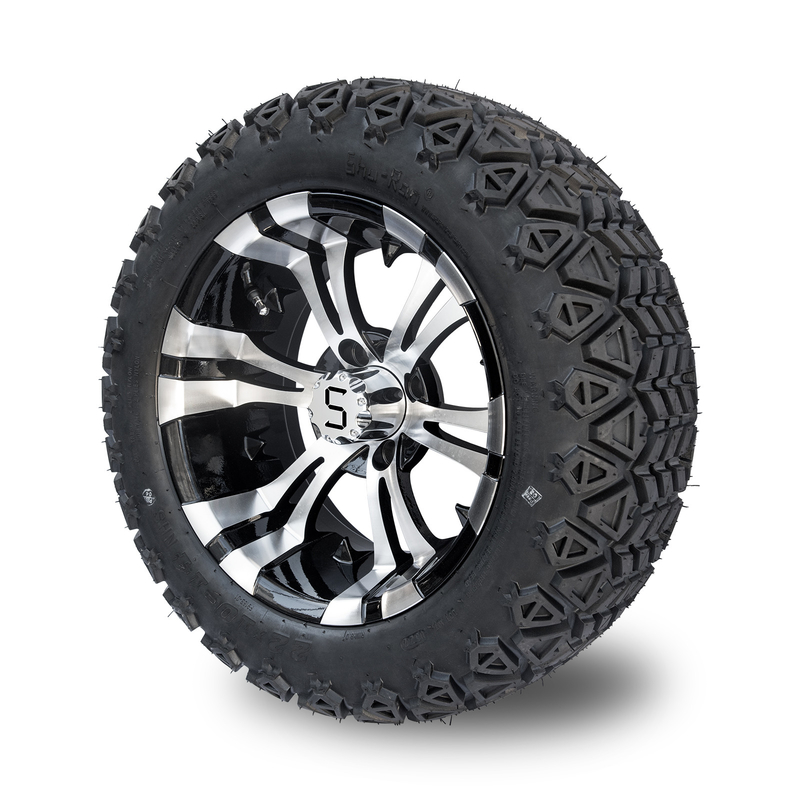ล้อและยางรถกอล์ฟขนาด 14 นิ้ว สีดำเงา Machined และยาง 22x10-14 All Terrain DOT