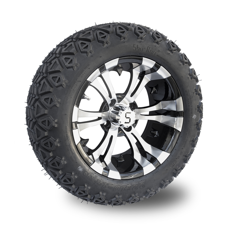 ล้อและยางรถกอล์ฟขนาด 14 นิ้ว สีดำเงา Machined และยาง 22x10-14 All Terrain DOT