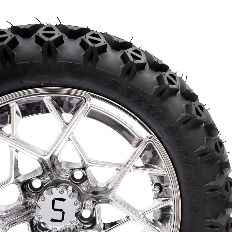 ชู-แรน กอล์ฟ คาร์ท นักรบ 23x10.5-14 กอล์ฟ คาร์ท ยางทุกพื้นที่และ 14 นิ้ว โครม Rims