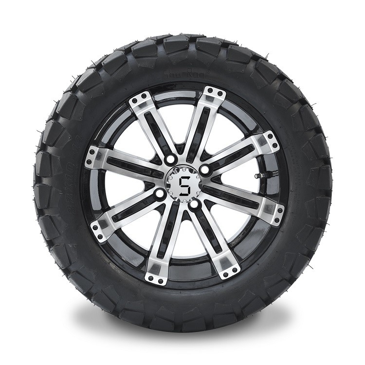 รถกอล์ฟ ล้ออลูมิเนียม 14 นิ้ว และชุดยาง All Terrain DOT ขนาด 22x10-14 - สี Machined/Glossy Black