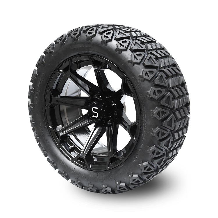 ล้อรถกอล์ฟขนาด 14 นิ้ว สีดำเงา พร้อมยาง DOT ขนาด 22x10-14 พร้อมฝาครอบดุมล้อและน็อตล้อ
