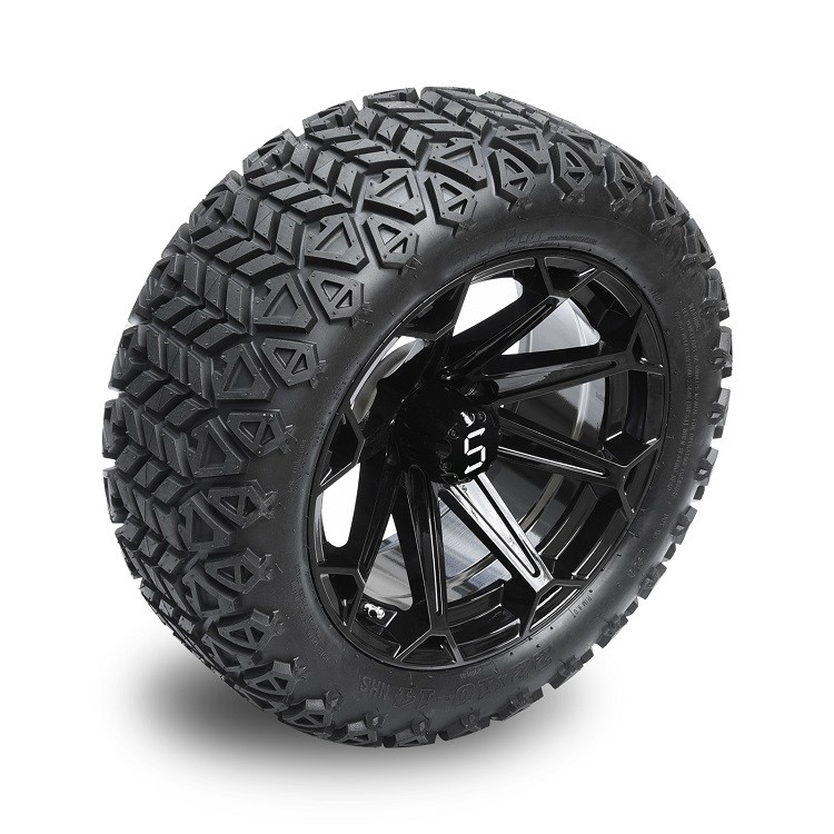ล้อรถกอล์ฟขนาด 14 นิ้ว สีดำเงา พร้อมยาง DOT ขนาด 22x10-14 พร้อมฝาครอบดุมล้อและน็อตล้อ