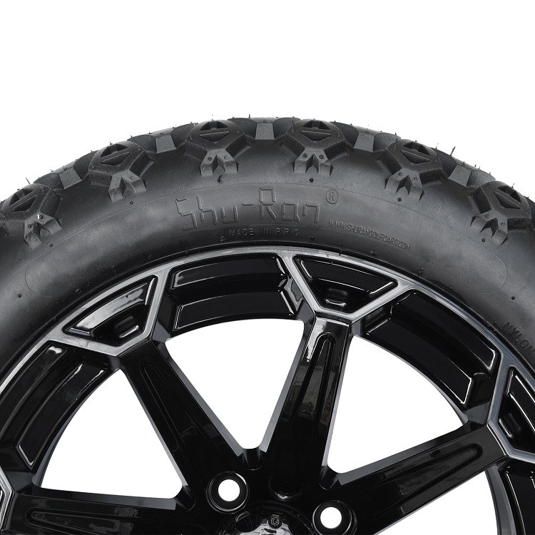 ล้อรถกอล์ฟขนาด 14 นิ้ว สีดำเงา พร้อมยาง DOT ขนาด 22x10-14 พร้อมฝาครอบดุมล้อและน็อตล้อ