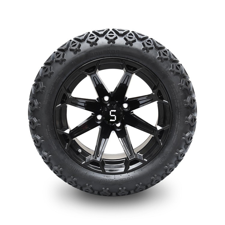 ล้อรถกอล์ฟขนาด 14 นิ้ว สีดำเงา พร้อมยาง DOT ขนาด 22x10-14 พร้อมฝาครอบดุมล้อและน็อตล้อ