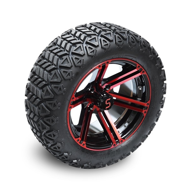 ชุดล้อรถกอล์ฟขนาด 14 นิ้ว สีแดง/ล้อสีดำเงา และยาง All Terrain DOT ขนาด 22x10-14 นิ้ว