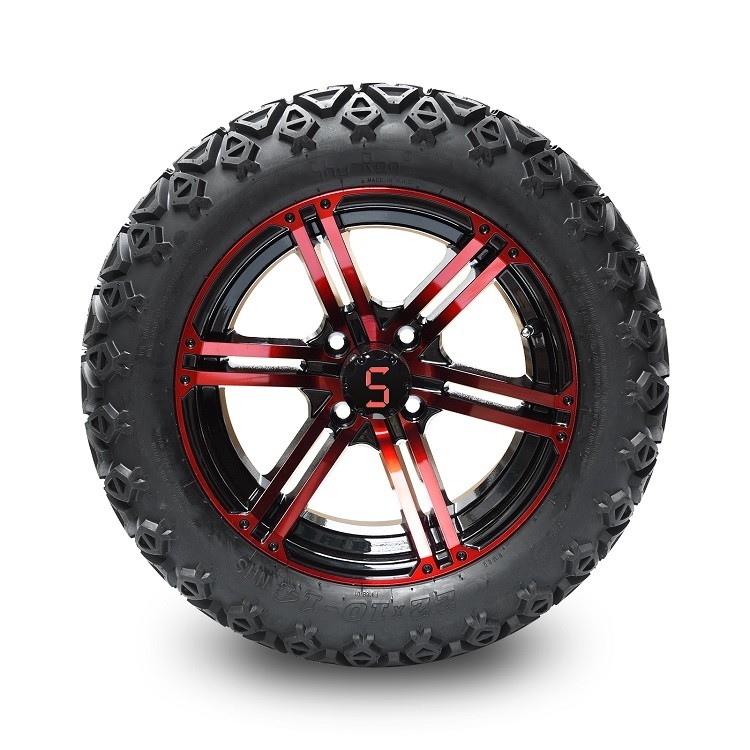 ชุดล้อรถกอล์ฟขนาด 14 นิ้ว สีแดง/ล้อสีดำเงา และยาง All Terrain DOT ขนาด 22x10-14 นิ้ว