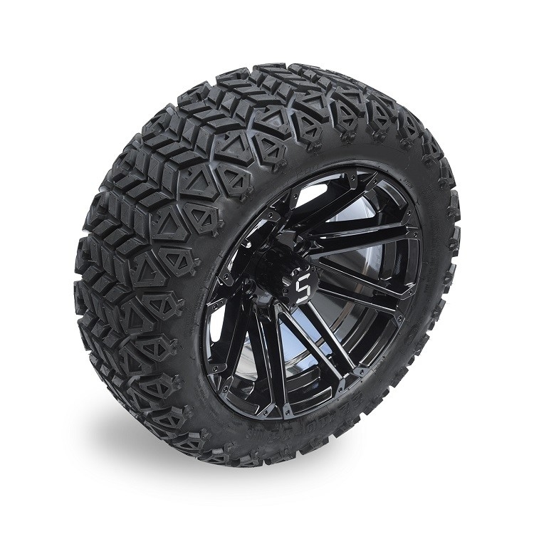 ยางและขอบล้อสีดำเงาสำหรับรถกอล์ฟแบบ Off-Road ขนาด 22*10-14 พร้อมฝาครอบกลาง