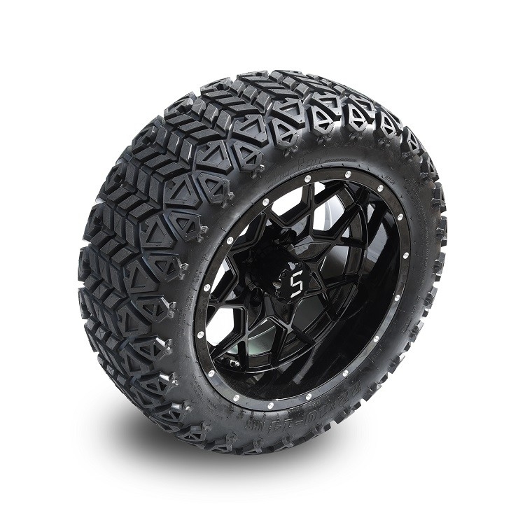ล้อรถกอล์ฟขนาด 14 นิ้ว สีดำเงา และยาง All Terrain ขนาด 22 นิ้ว พร้อมน็อตล้อและฝาครอบดุม