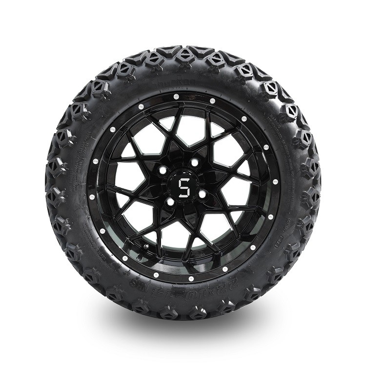 ล้อรถกอล์ฟขนาด 14 นิ้ว สีดำเงา และยาง All Terrain ขนาด 22 นิ้ว พร้อมน็อตล้อและฝาครอบดุม