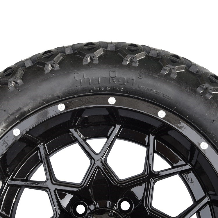 ล้อรถกอล์ฟขนาด 14 นิ้ว สีดำเงา และยาง All Terrain ขนาด 22 นิ้ว พร้อมน็อตล้อและฝาครอบดุม